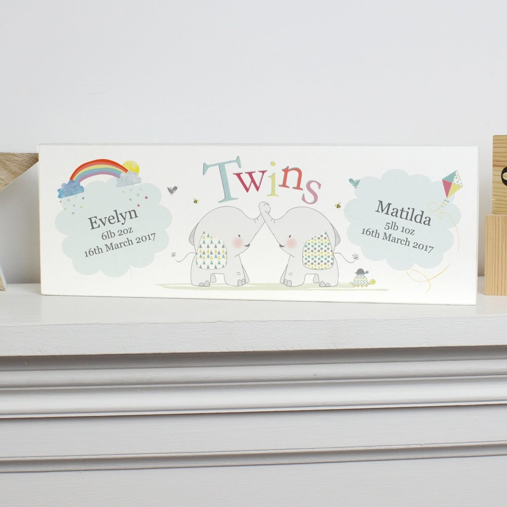 Personalised Hessian Elephant Twins Wooden Block Sign