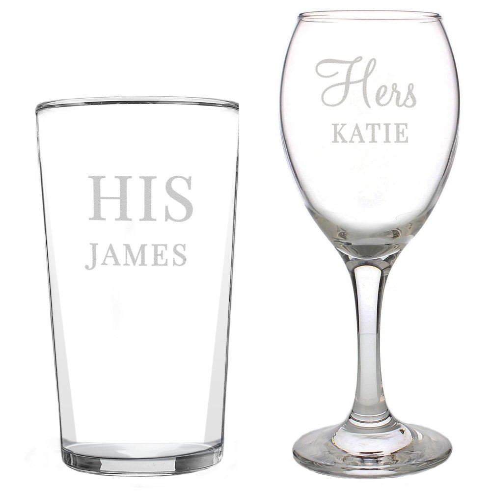 Personalised His & Her Pint And Wine Glass Set