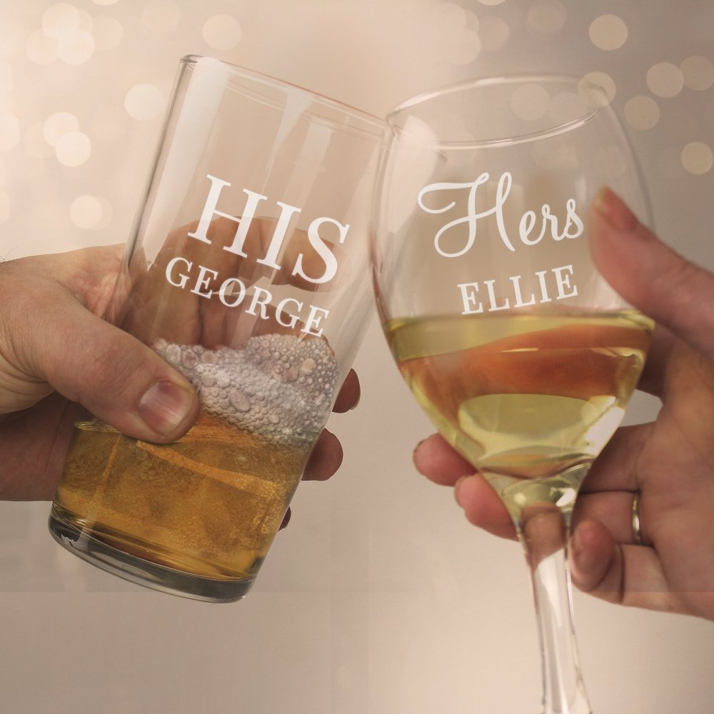 Personalised His & Her Pint And Wine Glass Set