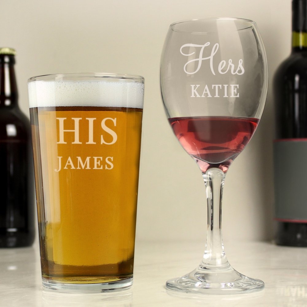 Personalised His & Her Pint And Wine Glass Set