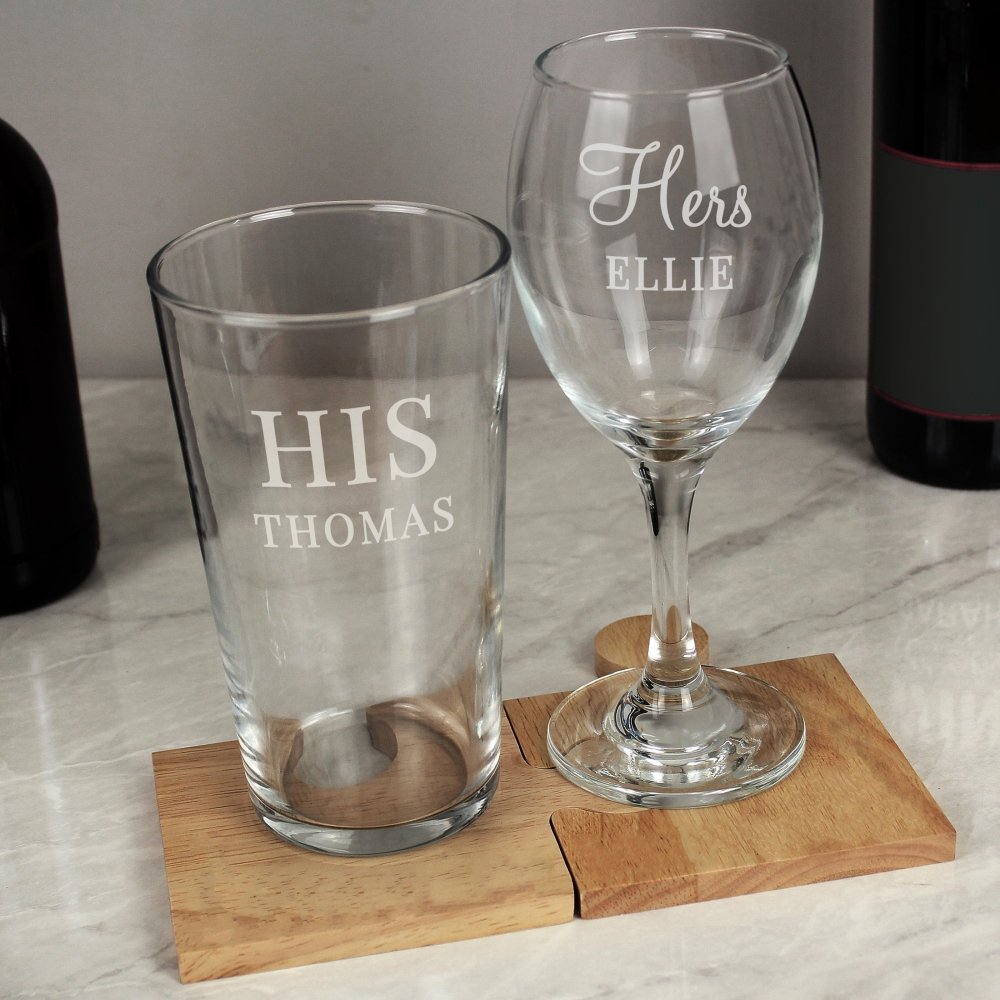 Personalised His & Her Pint And Wine Glass Set