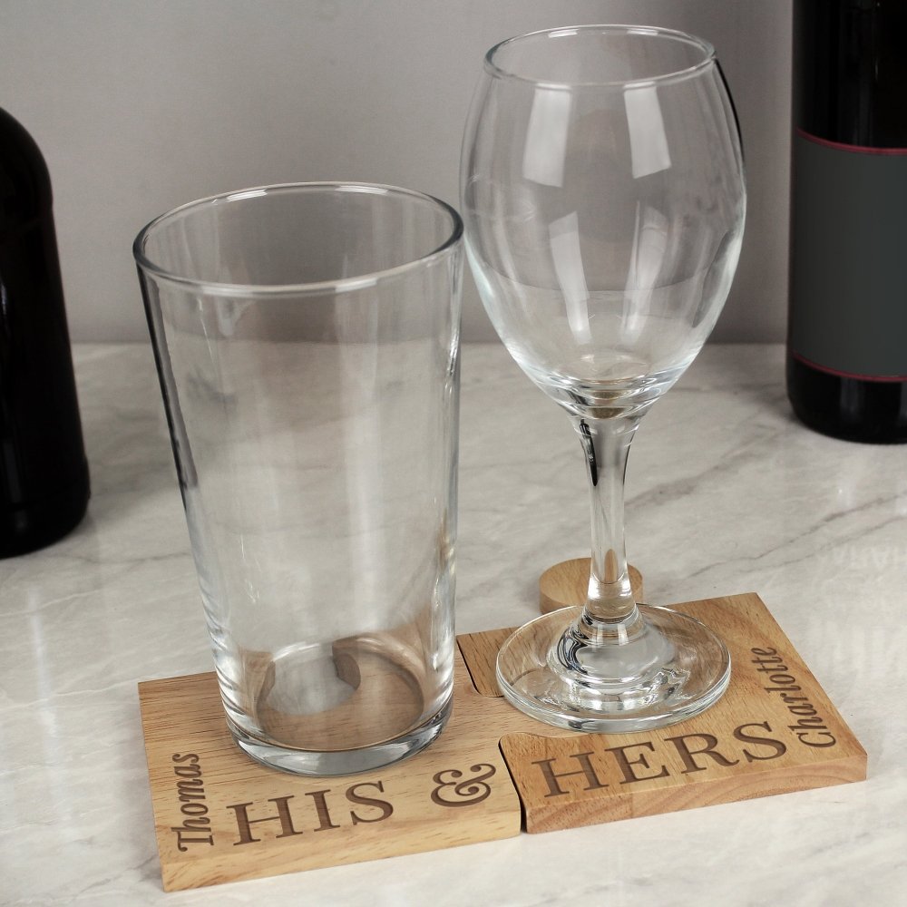 Personalised His & Hers Jigsaw Piece Pair Of Drinks Coasters