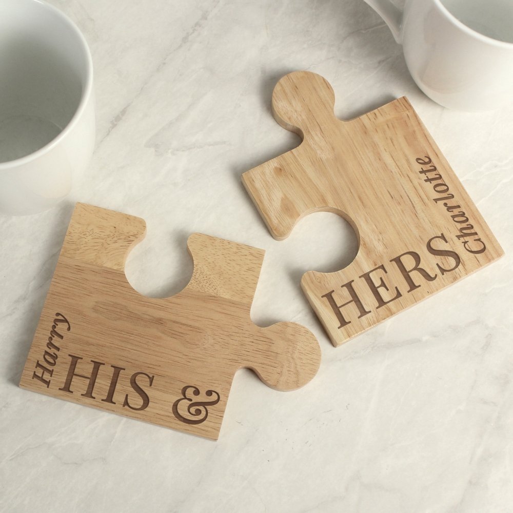 Personalised His & Hers Jigsaw Piece Pair Of Drinks Coasters