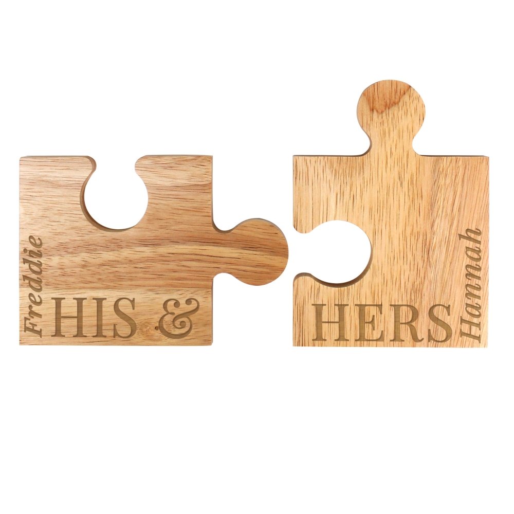 Personalised His & Hers Jigsaw Piece Pair Of Drinks Coasters