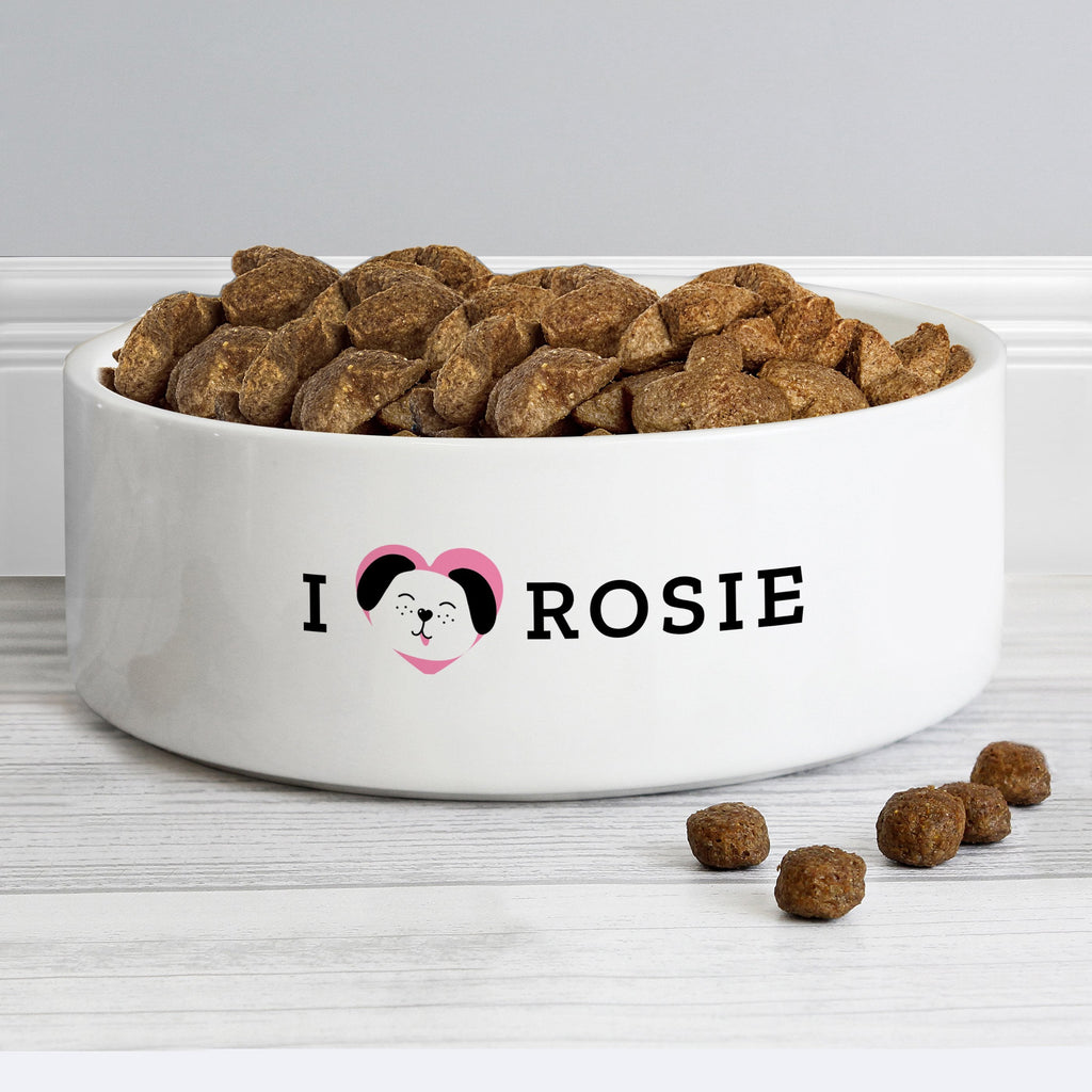 Personalised I Love My Dog - Cute Design 14Cm Medium Ceramic White Pet Bowl