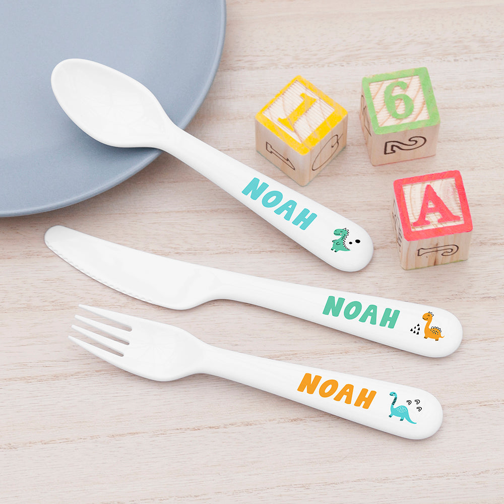 Personalised Personalised Kids Cute Dinosaur Cutlery Set - Plastic
