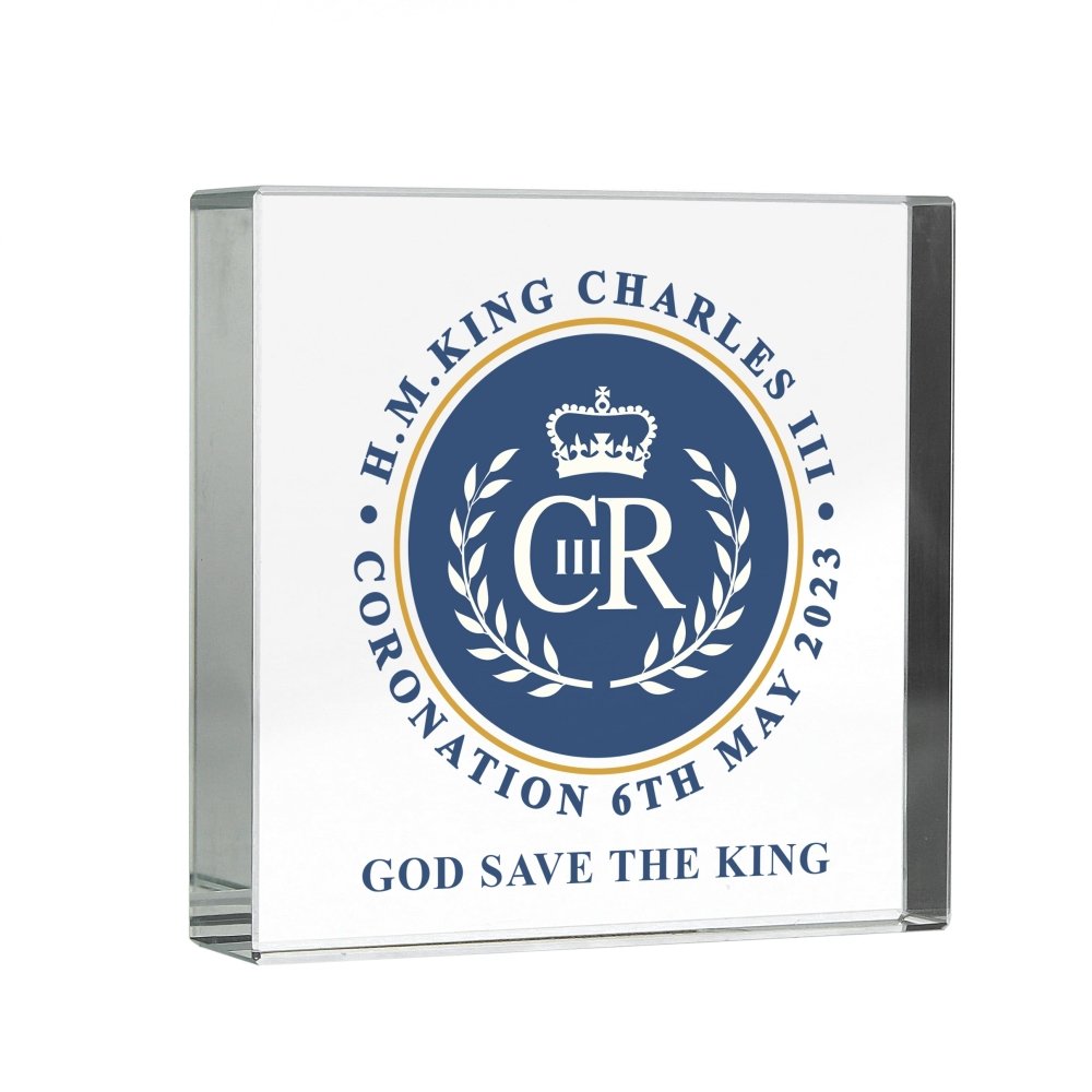 Personalised King Charles Iii Blue Crest Coronation Commemorative Crystal Token