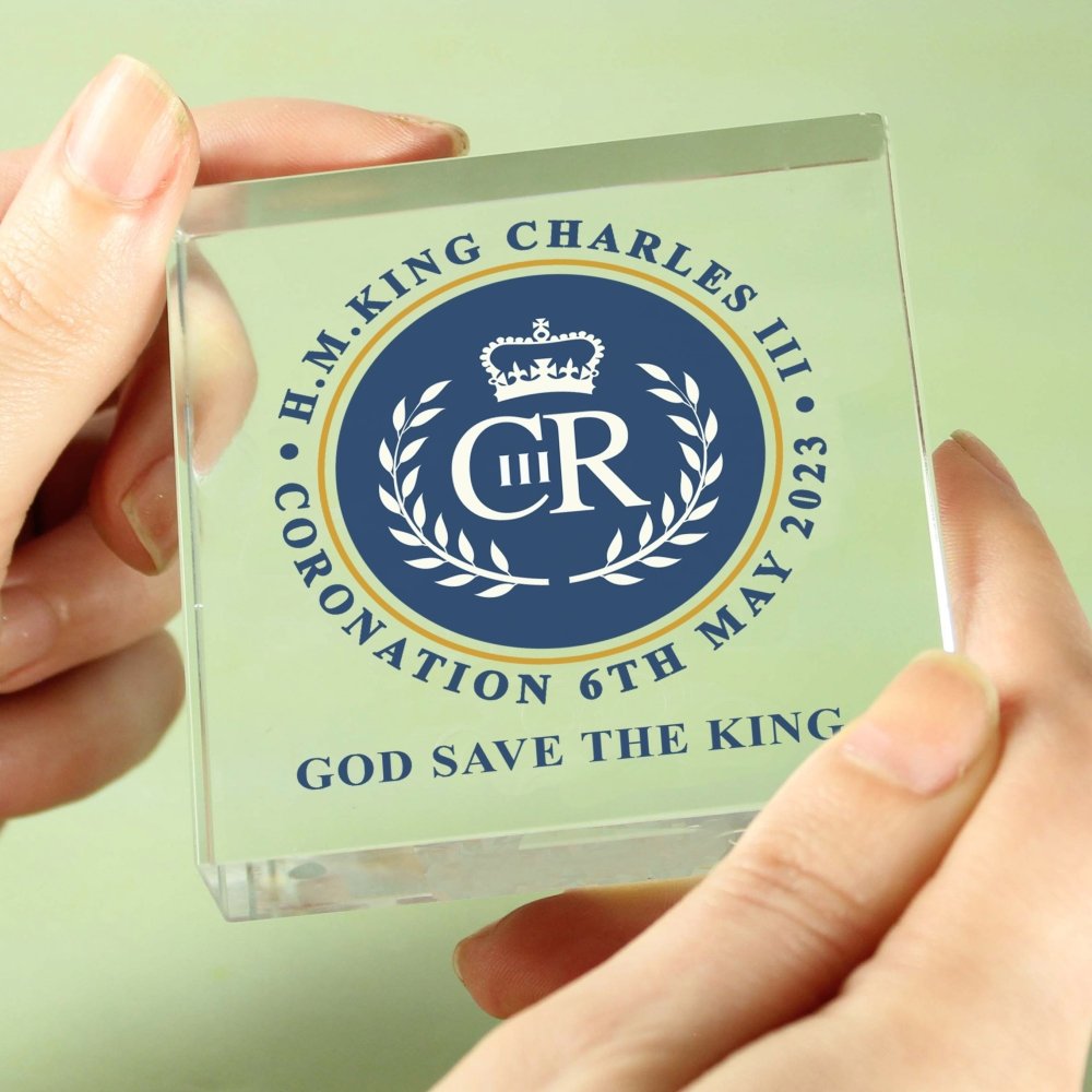 Personalised King Charles Iii Blue Crest Coronation Commemorative Crystal Token