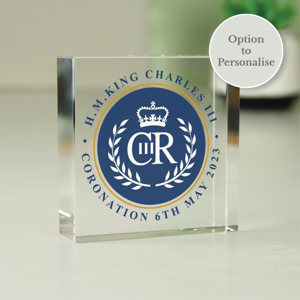 Personalised King Charles Iii Blue Crest Coronation Commemorative Crystal Token