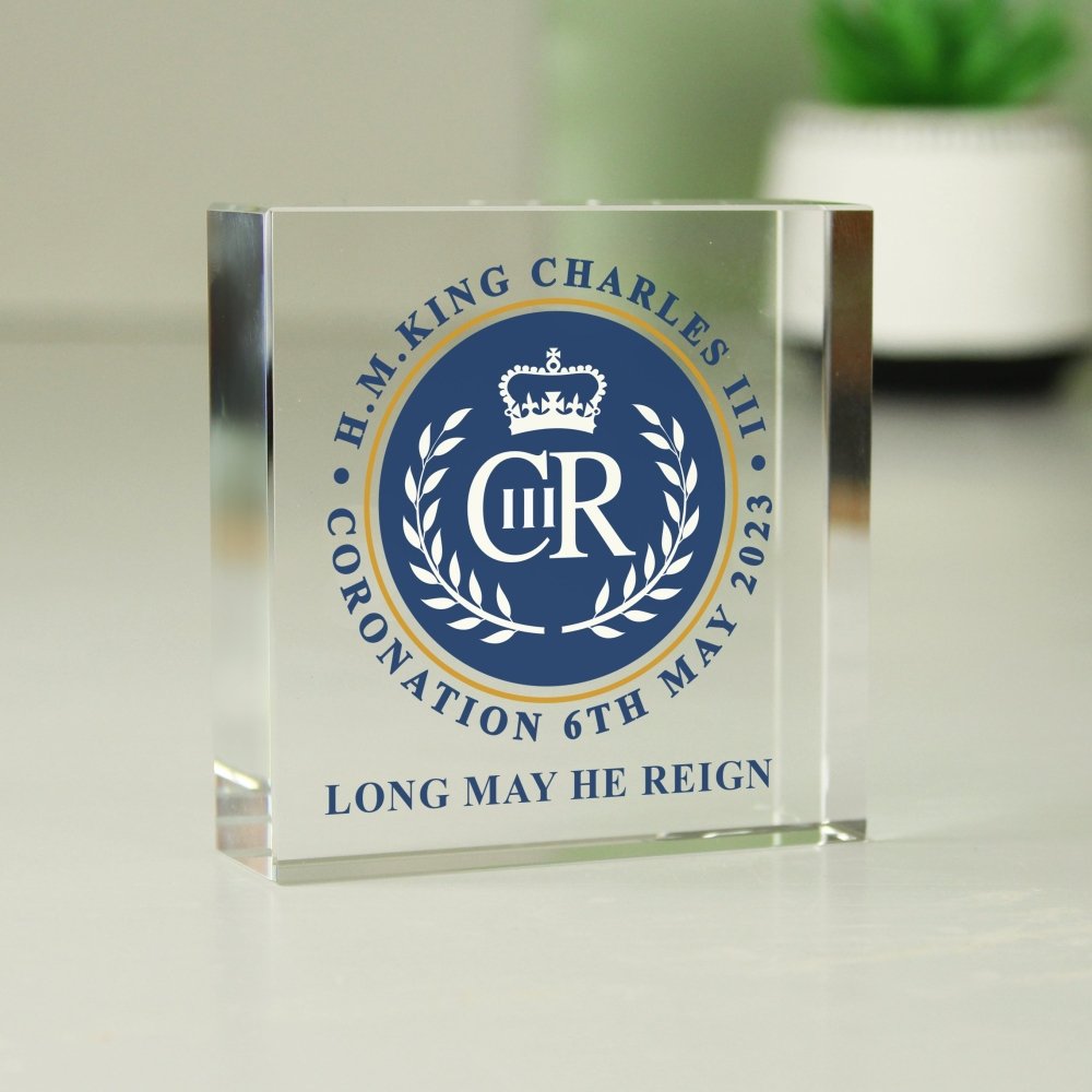 Personalised King Charles Iii Blue Crest Coronation Commemorative Crystal Token