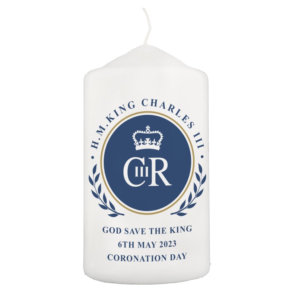 Personalised King Charles Iii Blue Crest Coronation Commemorative Pillar Candle