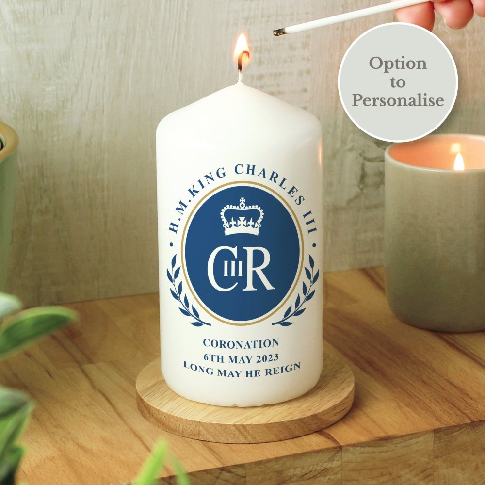 Personalised King Charles Iii Blue Crest Coronation Commemorative Pillar Candle