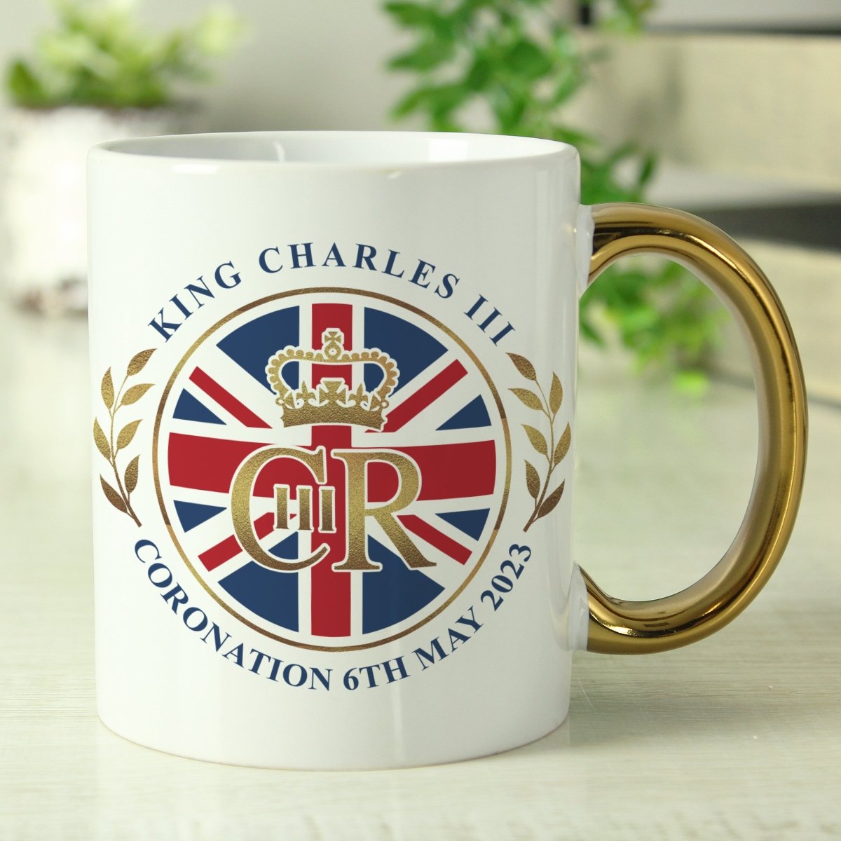 Personalised King Charles Iii Union Jack Coronation Commemorative Gold HandLED Mug