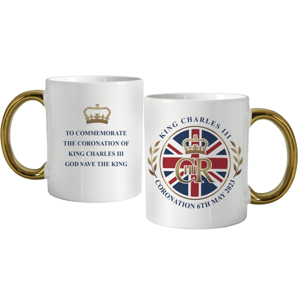 Personalised King Charles Iii Union Jack Coronation Commemorative Gold HandLED Mug