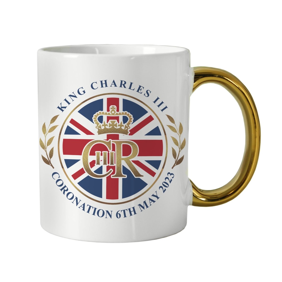 Personalised King Charles Iii Union Jack Coronation Commemorative Gold HandLED Mug