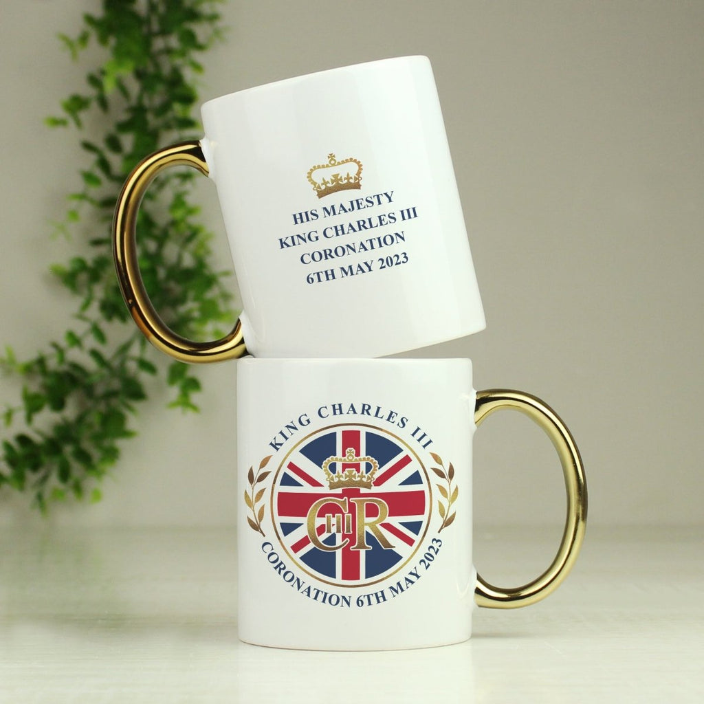 Personalised King Charles Iii Union Jack Coronation Commemorative Gold HandLED Mug