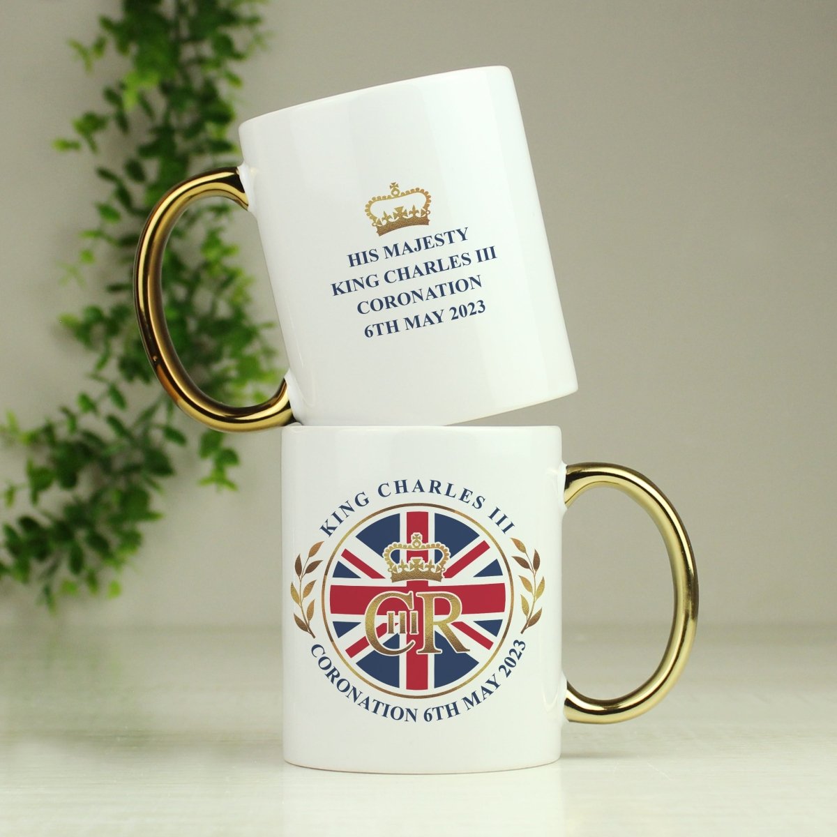 Personalised King Charles Iii Union Jack Coronation Commemorative Gold HandLED Mug