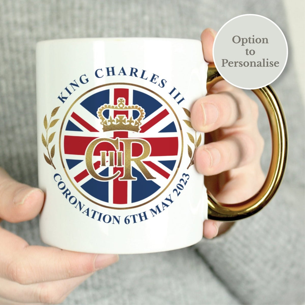 Personalised King Charles Iii Union Jack Coronation Commemorative Gold HandLED Mug