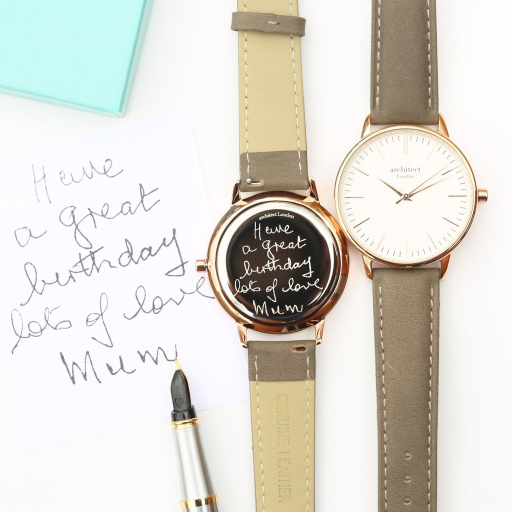 Personalised Ladies Architect Blanc Handwriting Engraved Watch + Light Grey Strap
