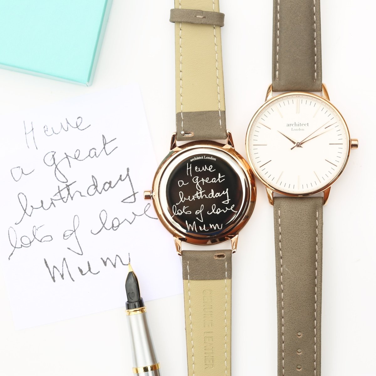 Personalised Ladies Architect Blanc Handwriting Engraved Watch + Light Grey Strap