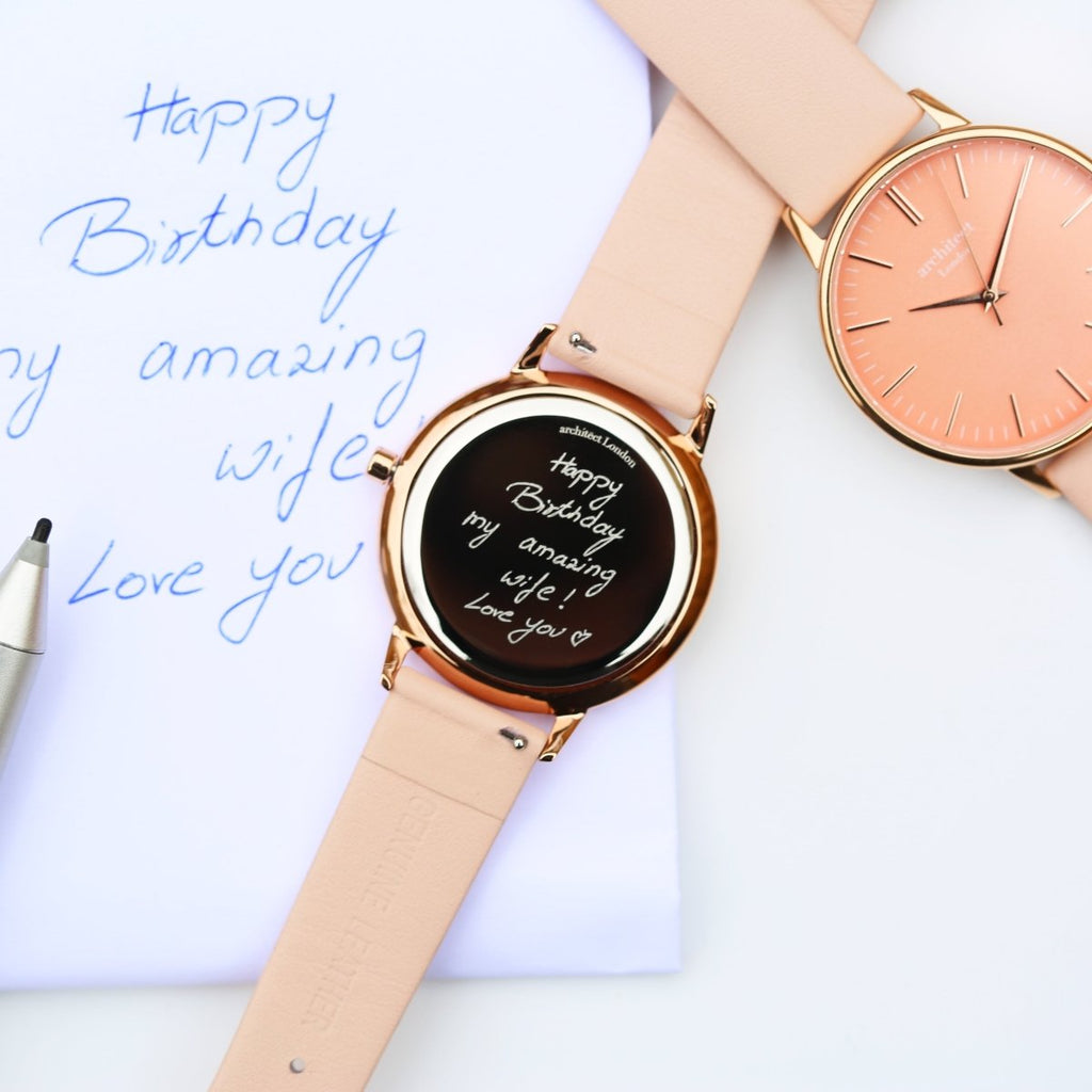 Personalised Ladies Architect Coral Handwriting Engraved Watch + Light Pink Strap