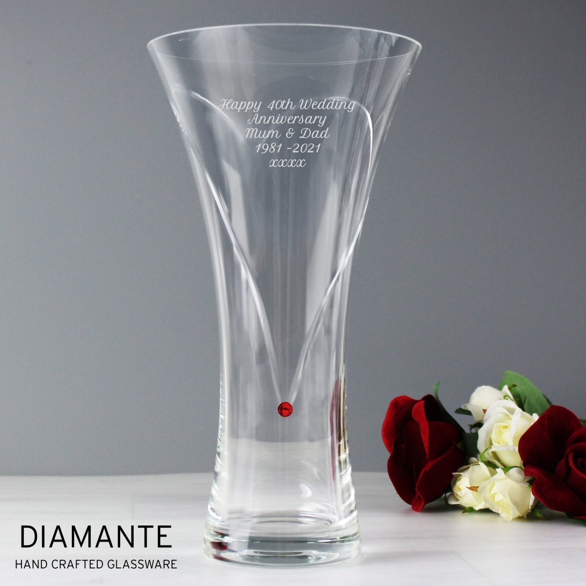 Personalised Large Hand Cut Ruby Diamante Heart Vase, Perfect For 40th Wedding Anniversary