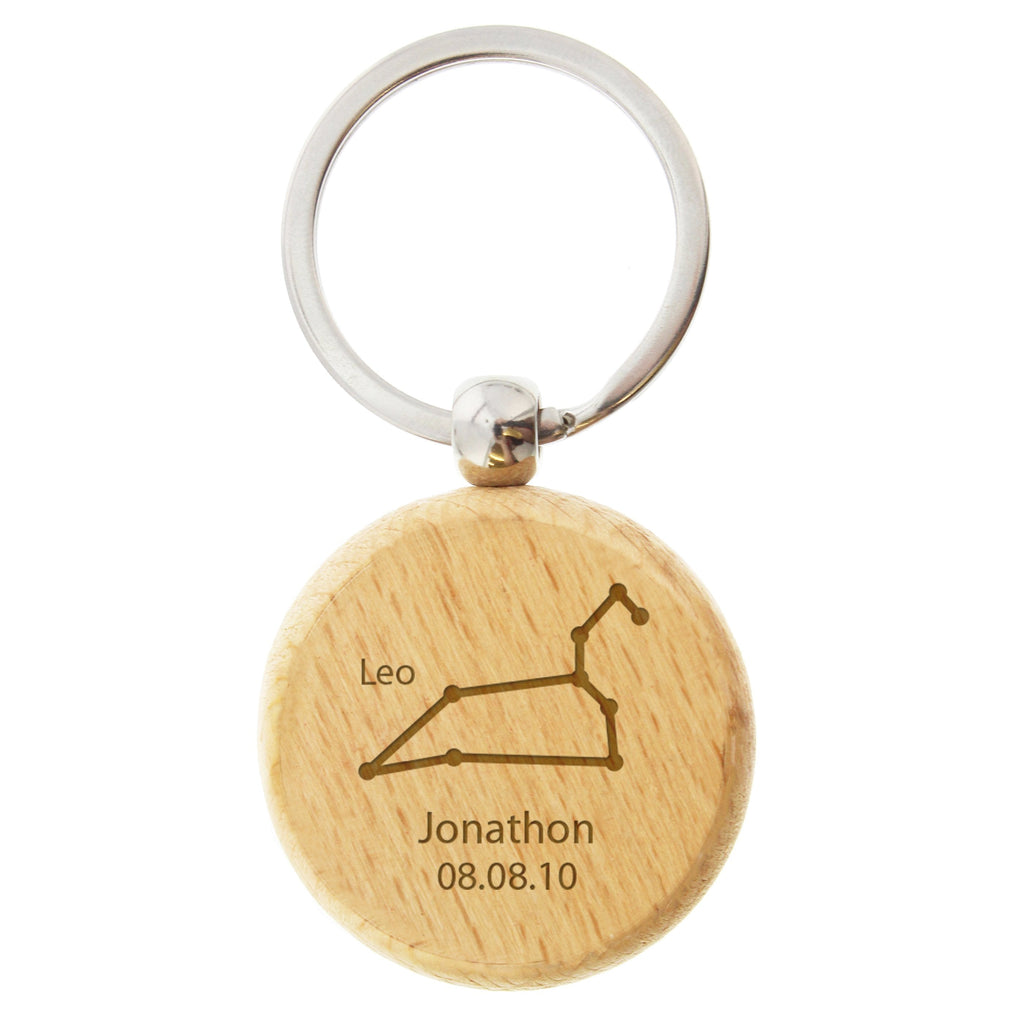 Personalised Leo Zodiac Star Sign Wooden Keyring (July 23rd - August 22nd)