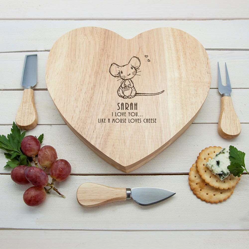 Personalised 'Like A Mouse Loves Cheese' Romantic Heart Cheese Board