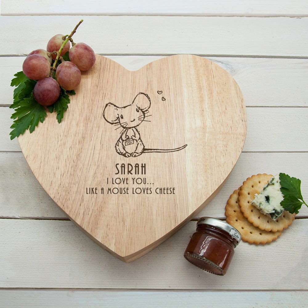 Personalised 'Like A Mouse Loves Cheese' Romantic Heart Cheese Board