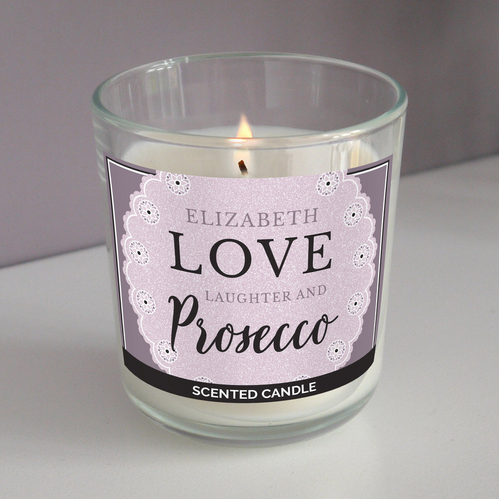 Personalised Lilac Lace 'Love Laughter & Prosecco' Scented Jar Candle