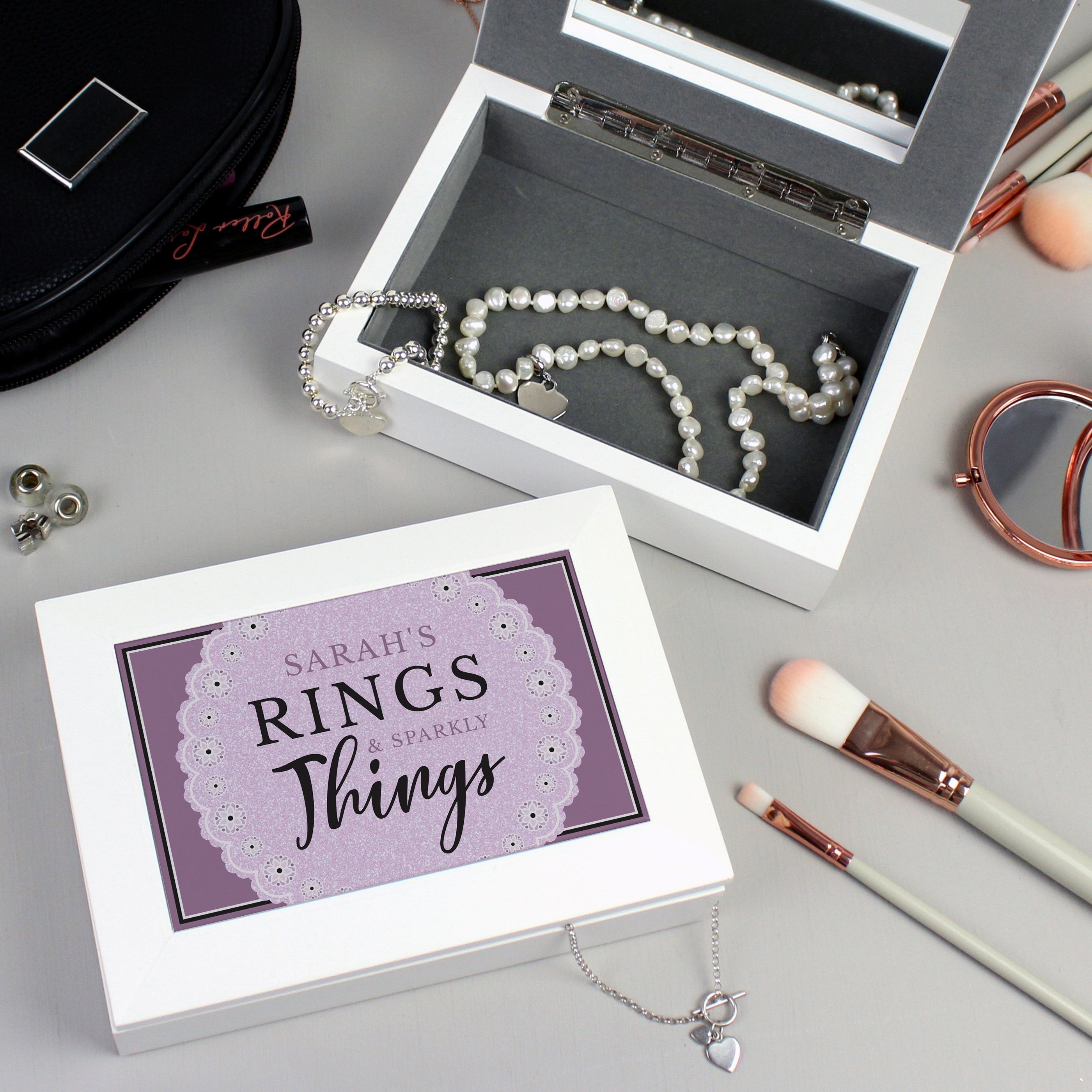 Personalised Lilac Lace 'Rings & Sparkly Things' Jewellery Box