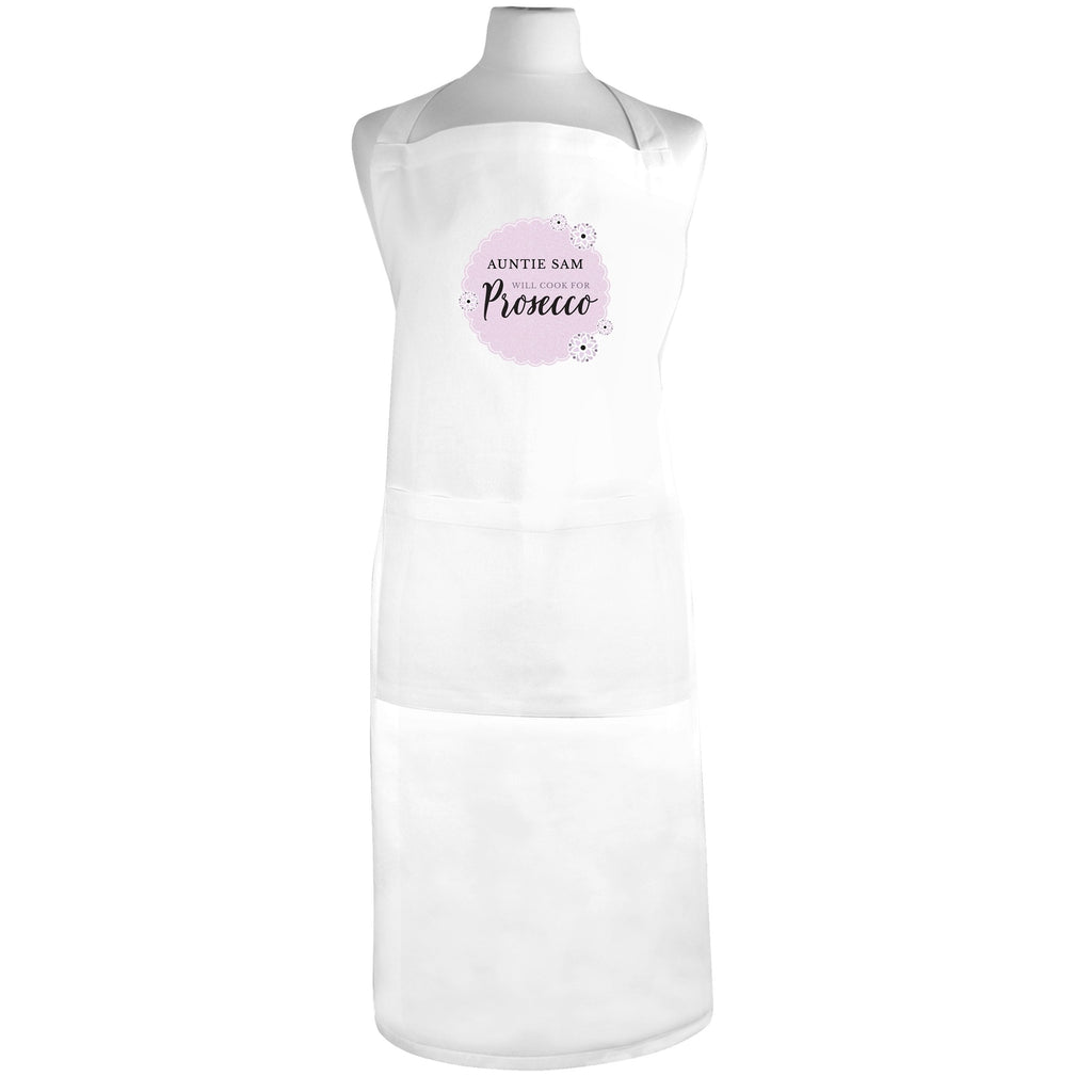 Personalised Lilac Lace 'Will Cook For Prosecco' White Apron