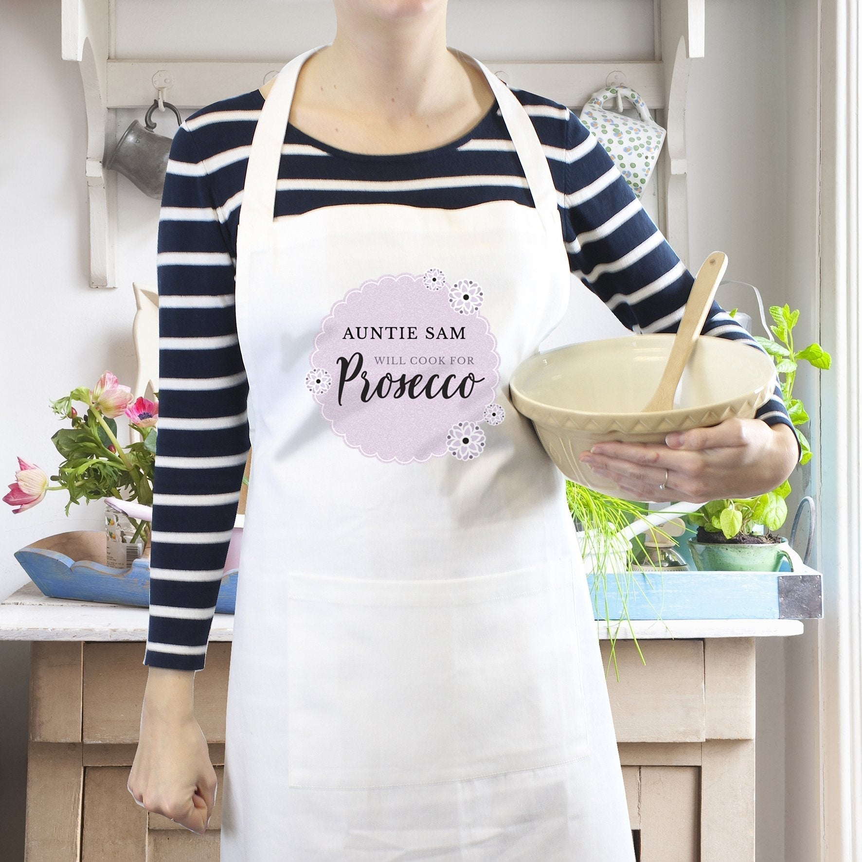 Personalised Lilac Lace 'Will Cook For Prosecco' White Apron