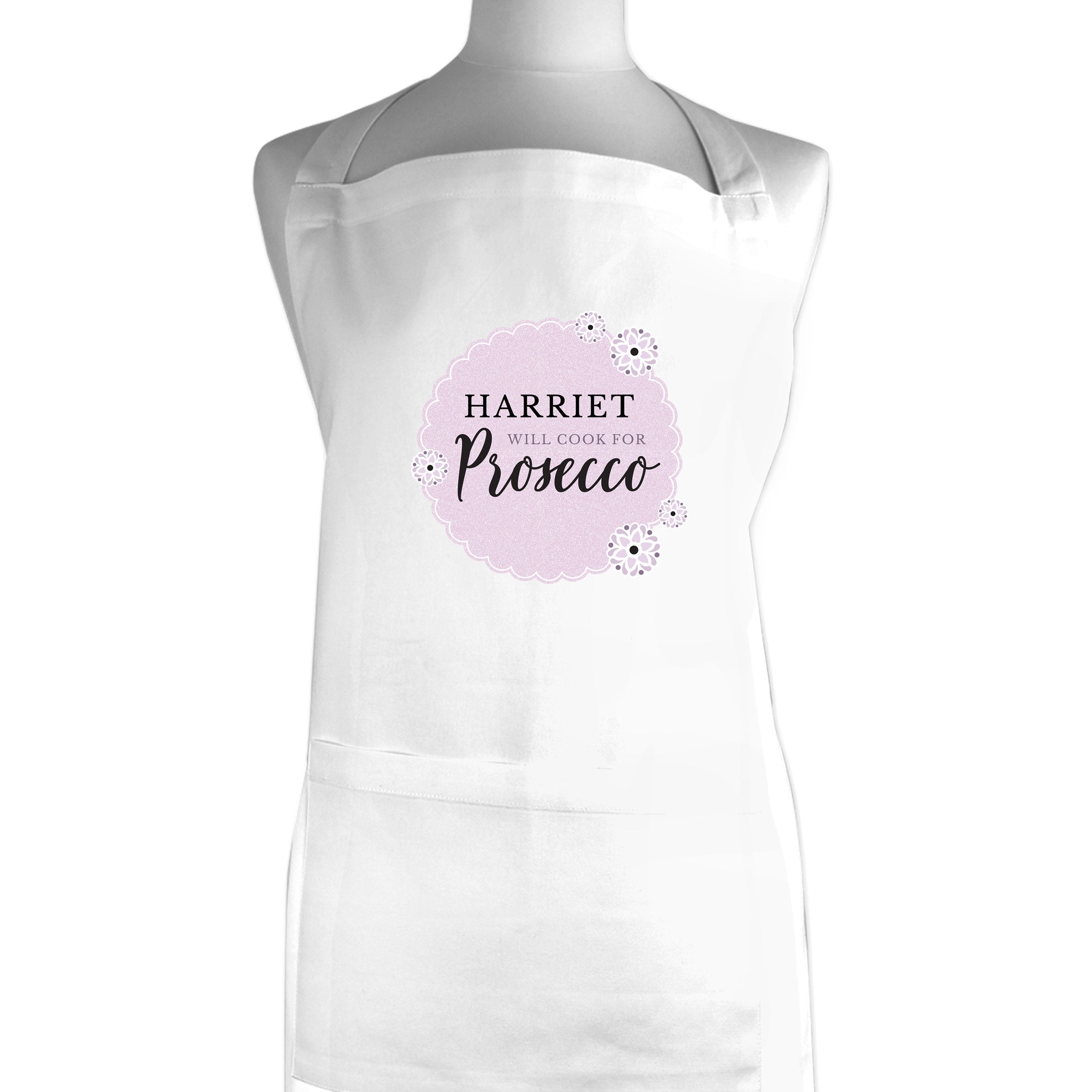 Personalised Lilac Lace 'Will Cook For Prosecco' White Apron