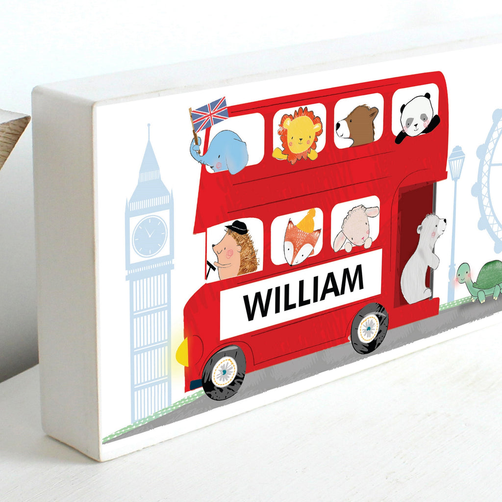 Personalised London Animal Bus Wooden Block Sign