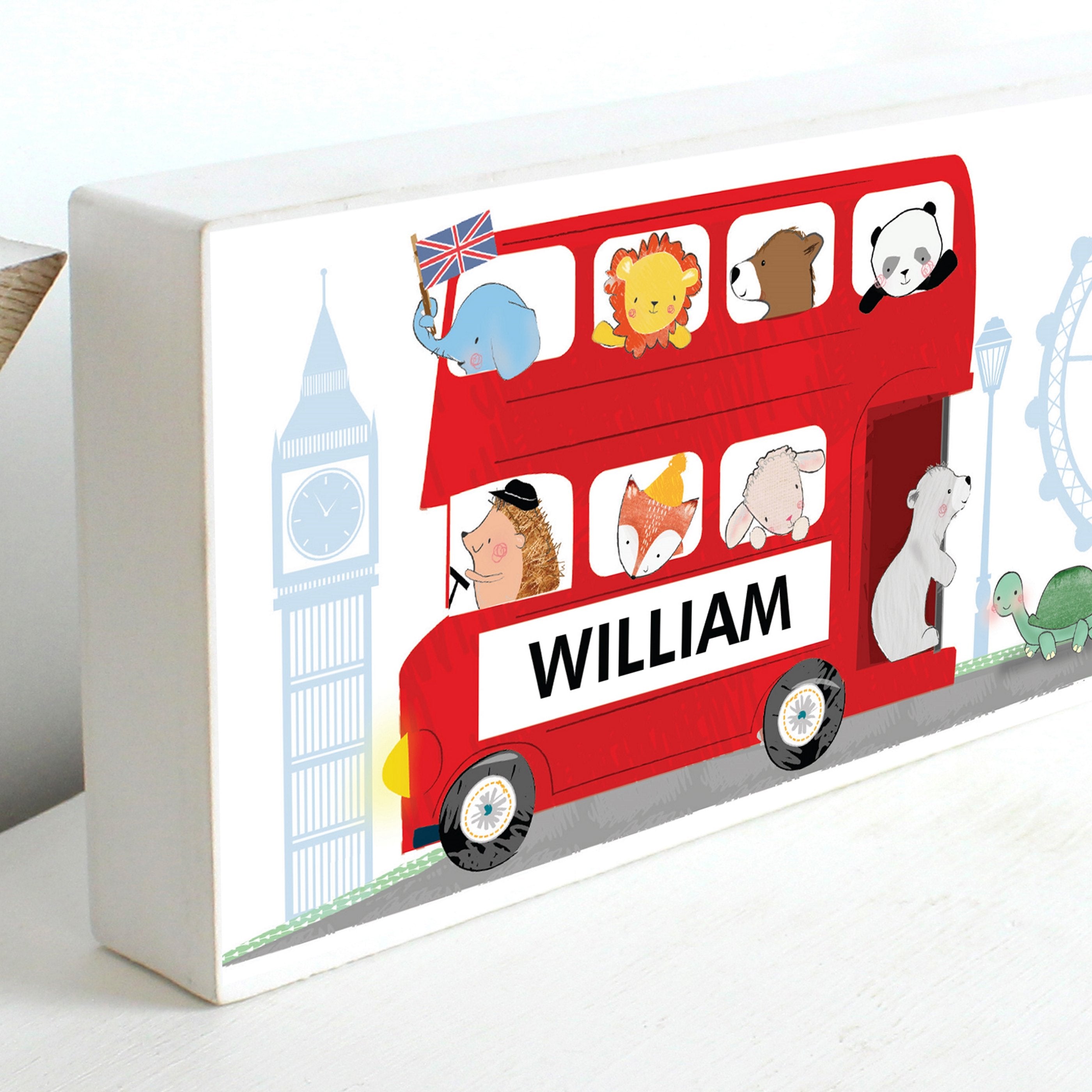 Personalised London Animal Bus Wooden Block Sign