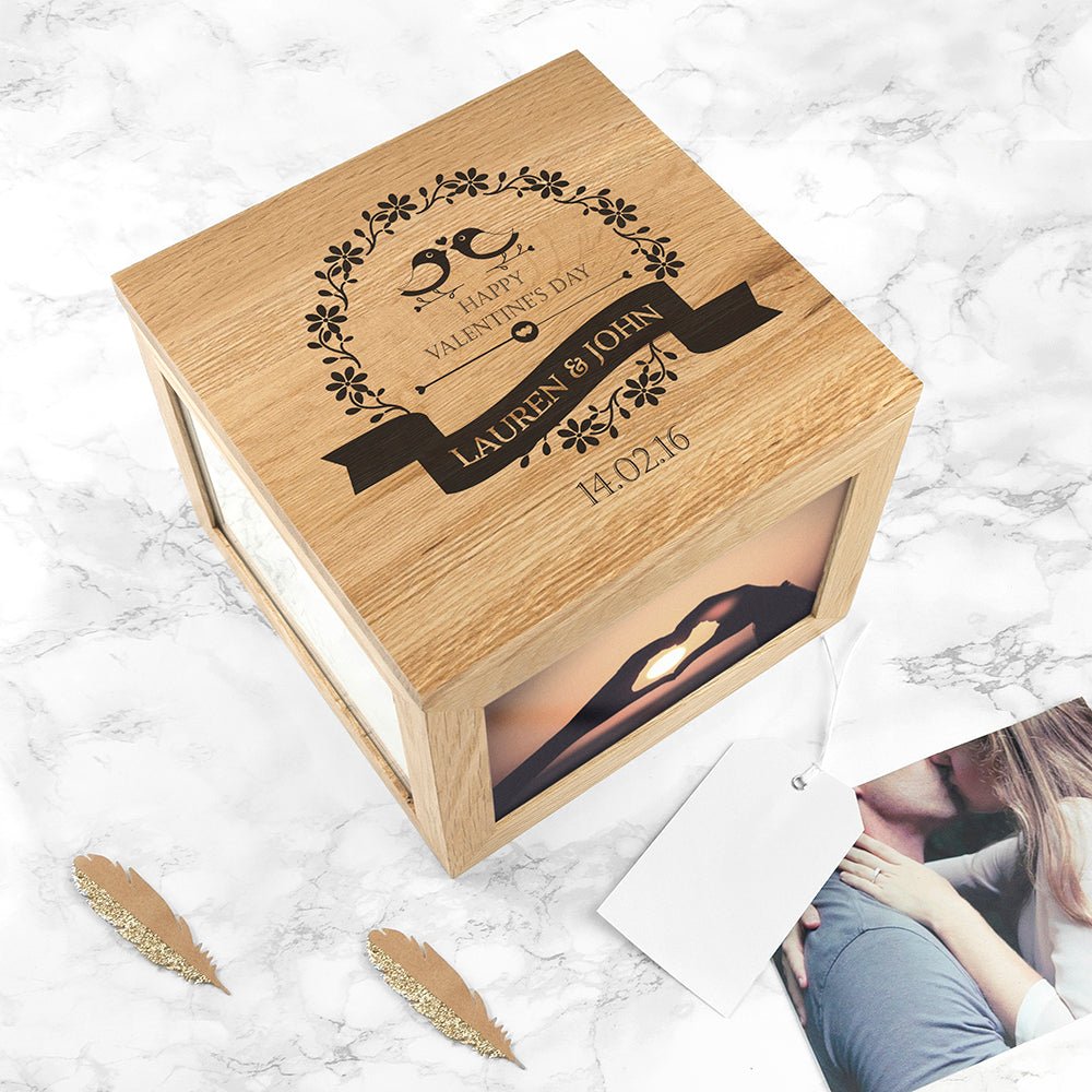 Personalised Love Birds Oak Photo Keepsake Box