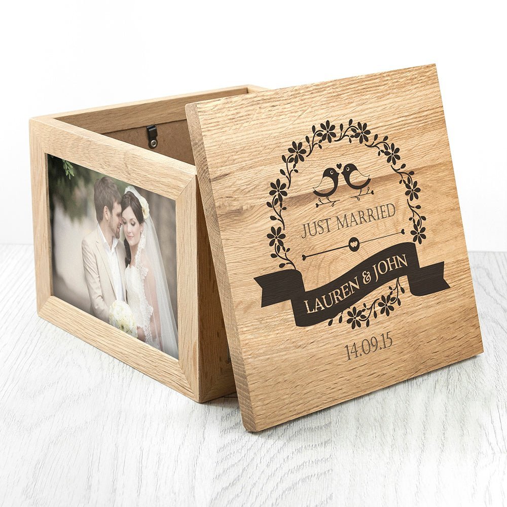 Personalised Love Birds Oak Photo Keepsake Box