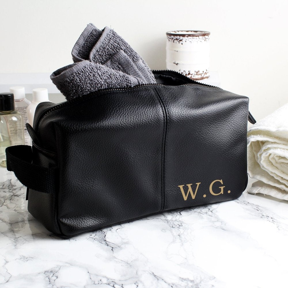 Personalised Luxury Initials Black Leatherette Wash Bag