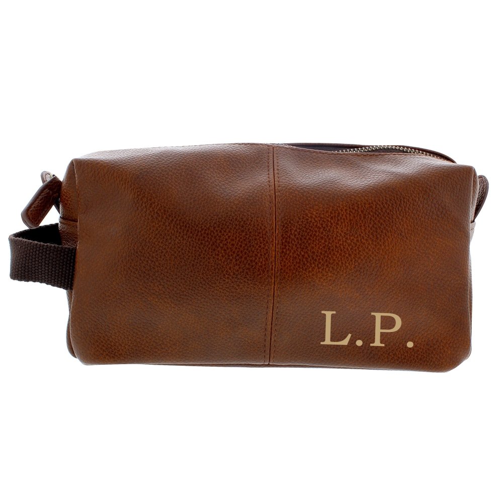 Personalised Luxury Initials Brown Leatherette Wash Bag