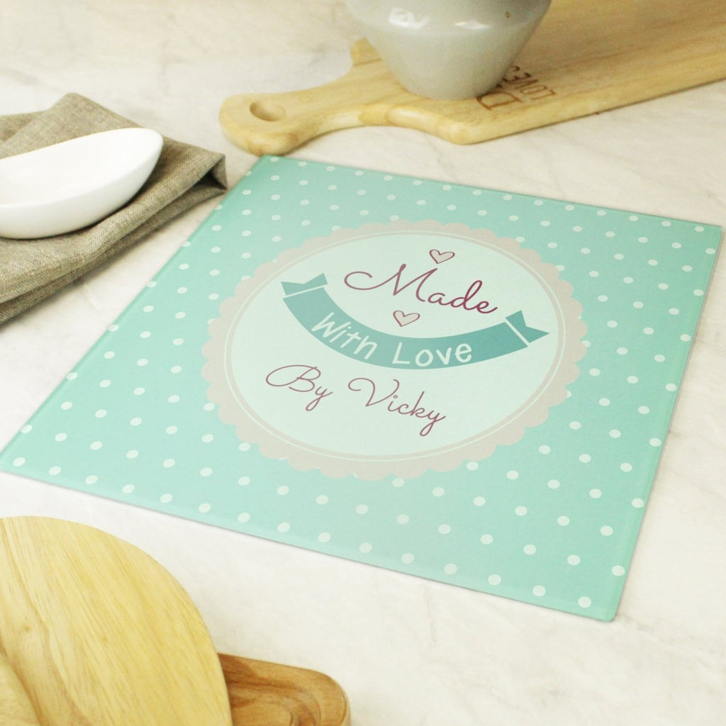 Personalised Made With Love Glass Chopping Board/Worktop Saver
