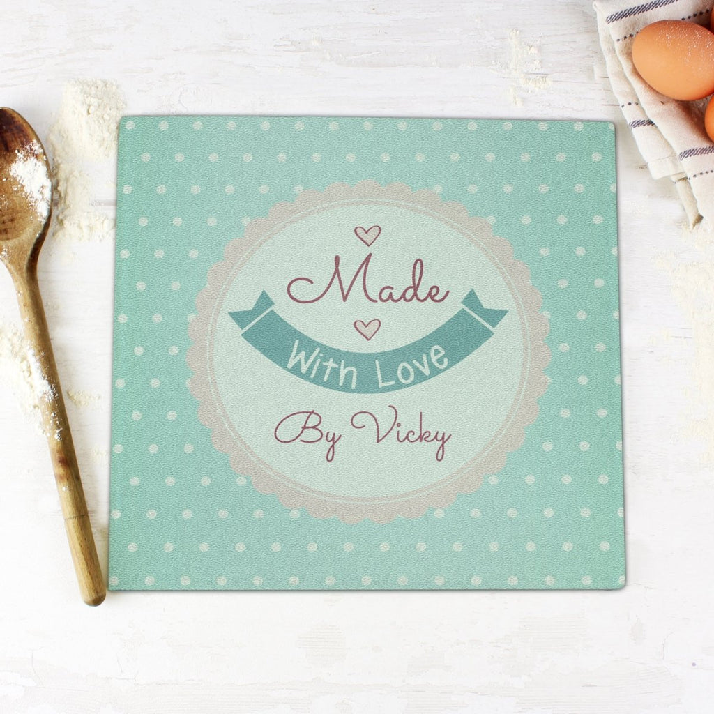 Personalised Made With Love Glass Chopping Board/Worktop Saver