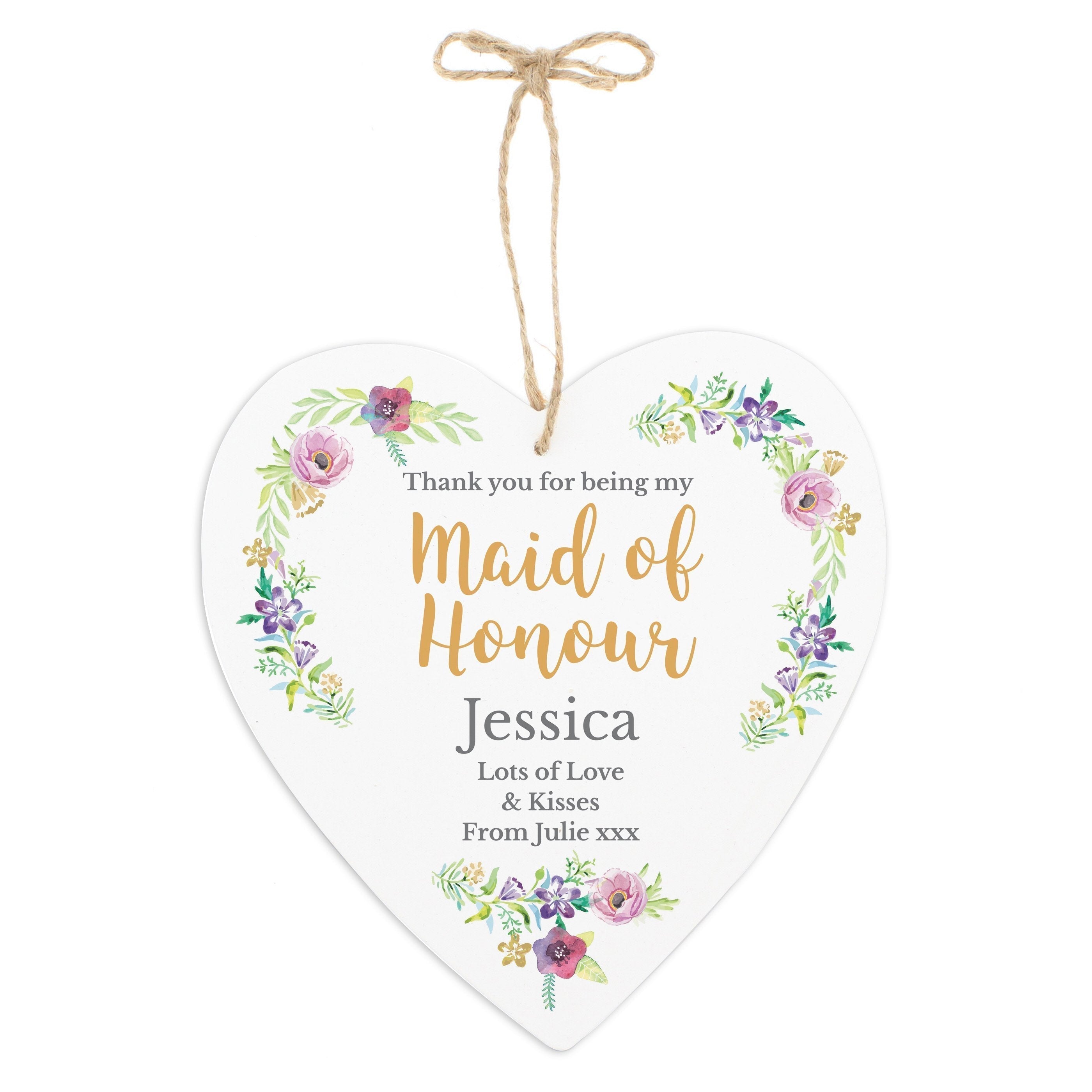 Personalised Maid Of Honour 'Floral Watercolour Wedding' Large Wooden Heart Decoration