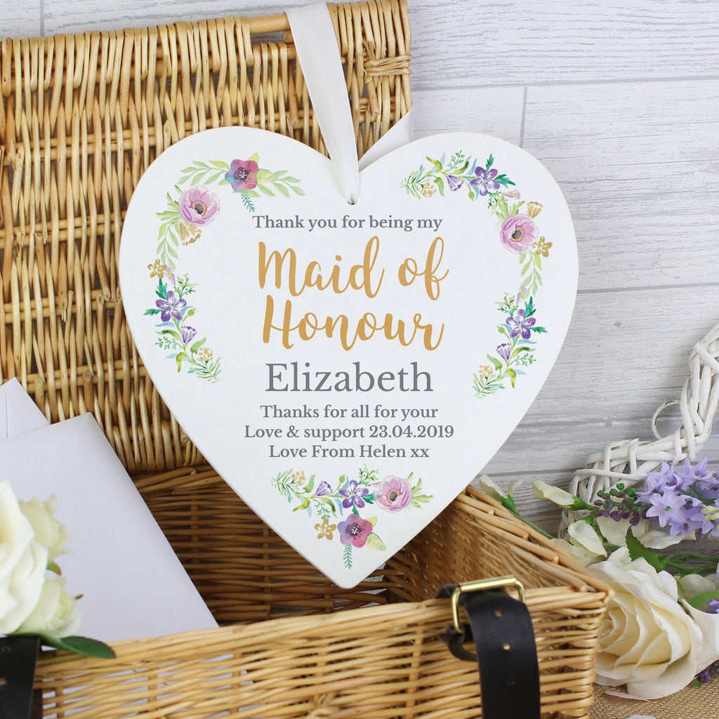 Personalised Maid Of Honour 'Floral Watercolour Wedding' Large Wooden Heart Decoration