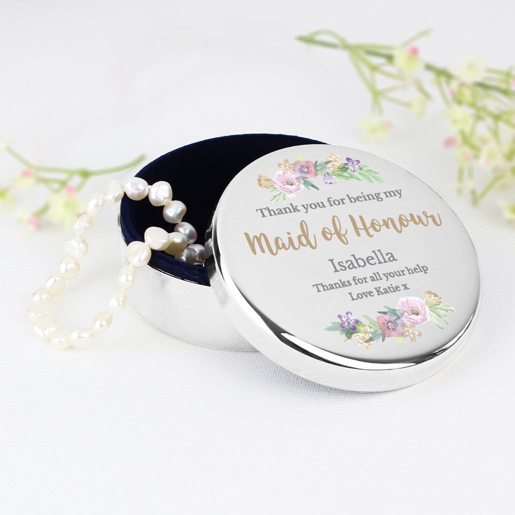 Personalised Maid Of Honour 'Floral Watercolour Wedding' Round Trinket Box