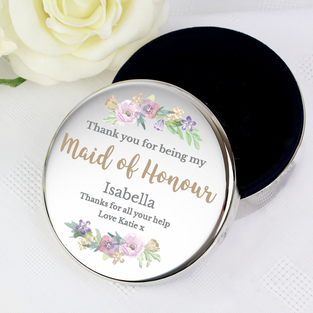 Personalised Maid Of Honour 'Floral Watercolour Wedding' Round Trinket Box