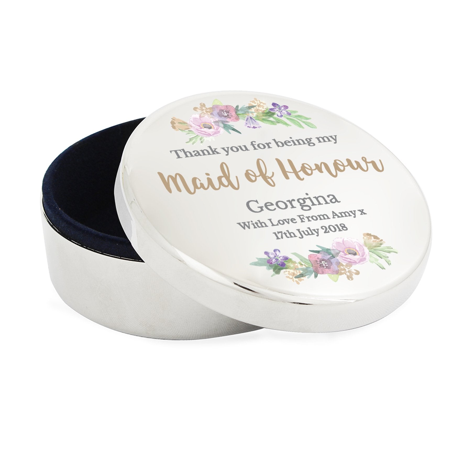 Personalised Maid Of Honour 'Floral Watercolour Wedding' Round Trinket Box