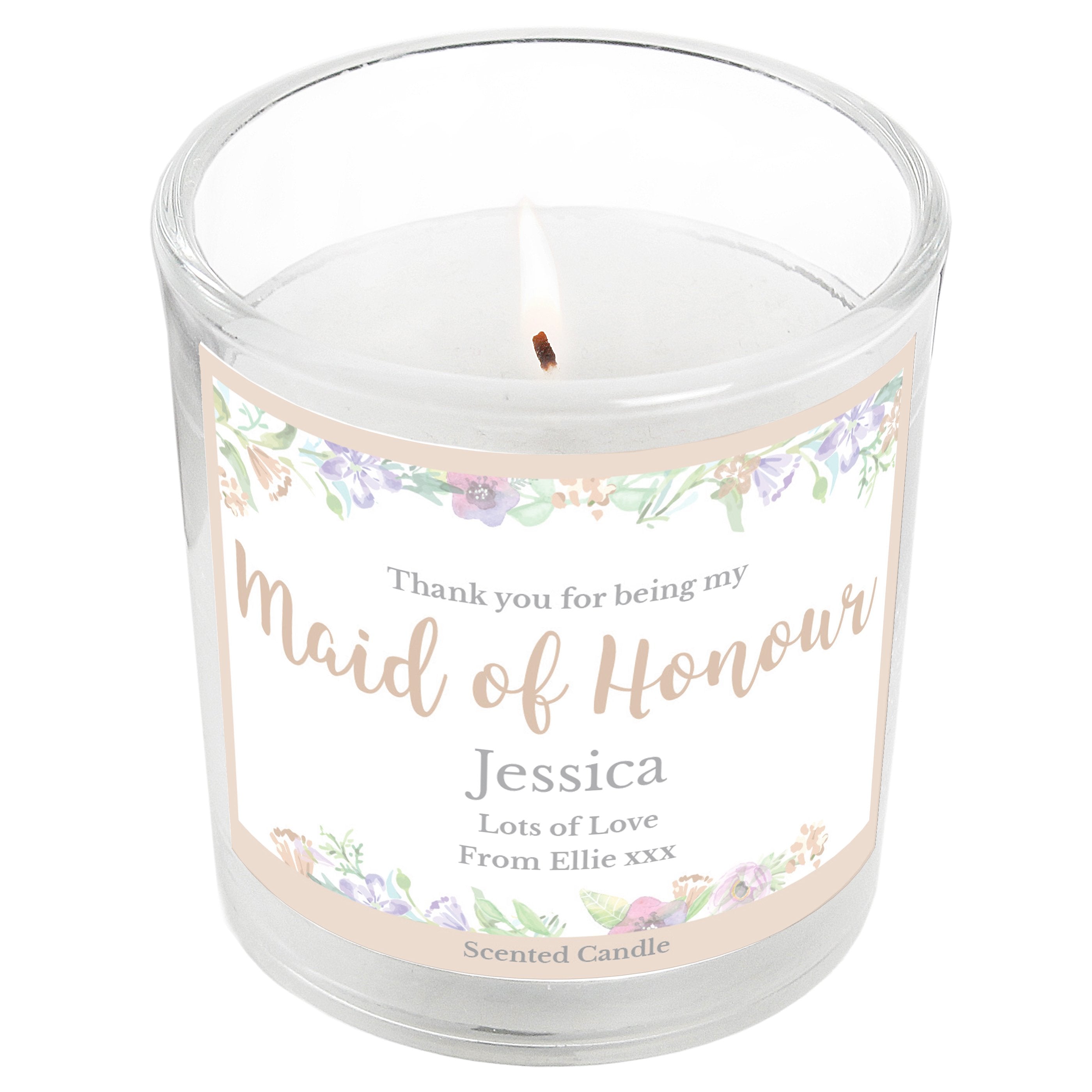 Personalised Maid Of Honour 'Floral Watercolour Wedding' Scented Jar Candle