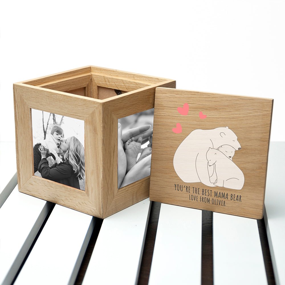 Personalised Mama Bear Oak Photo Cube Keepsake Box