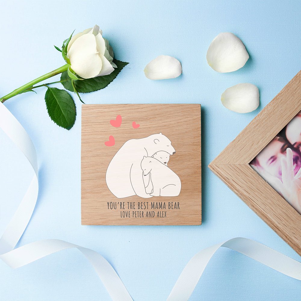 Personalised Mama Bear Oak Photo Cube Keepsake Box